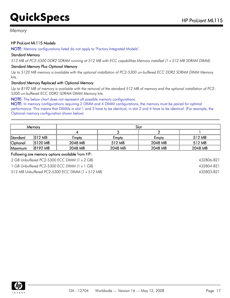 Memory, Quickspecs, Hp proliant ml115 | HP ProLiant ML115HP User Manual | Page 17 / 26