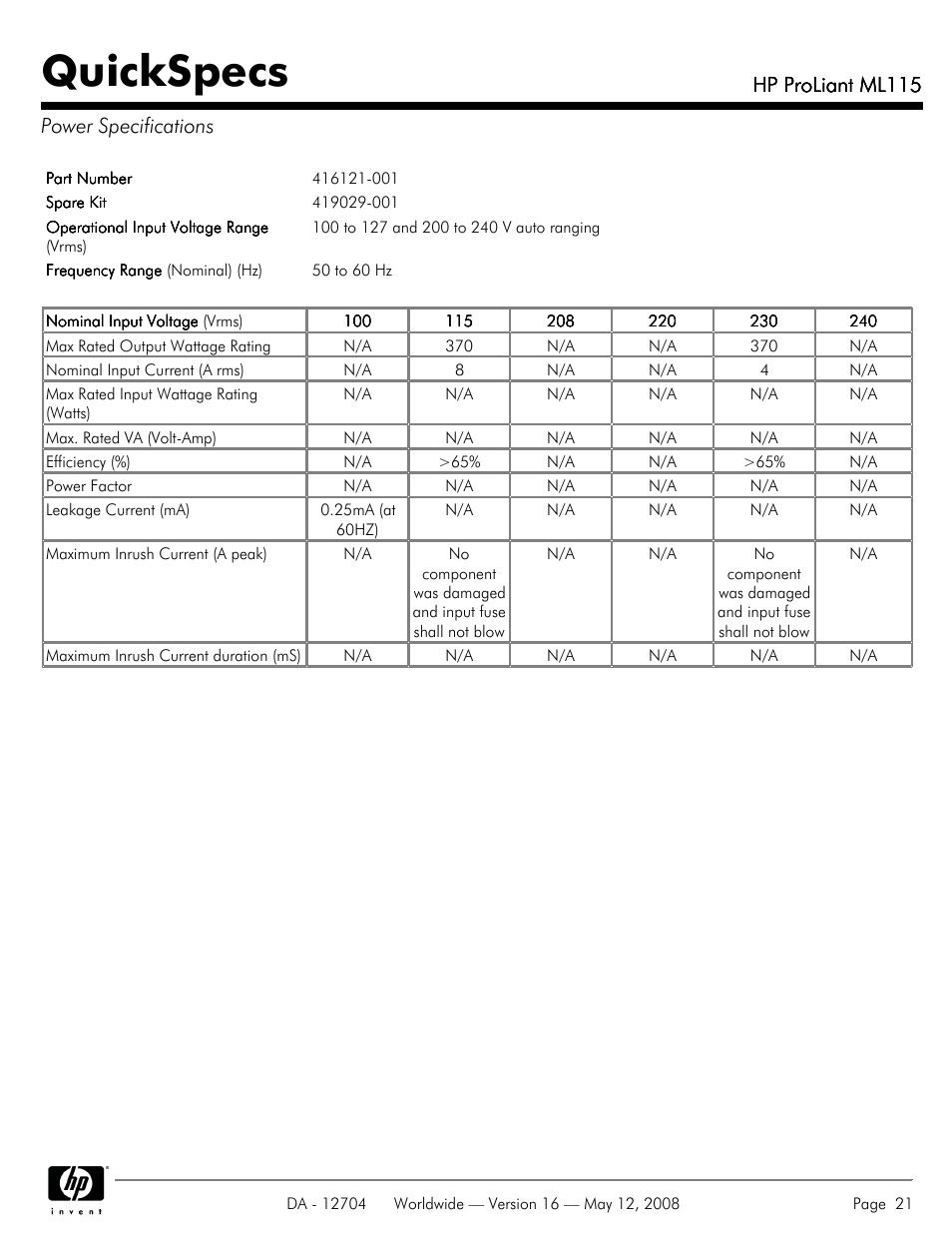 Power specifications, Quickspecs, Hp proliant ml115 | Hp proliant ml115 power specifications | HP ProLiant ML115HP User Manual | Page 21 / 26