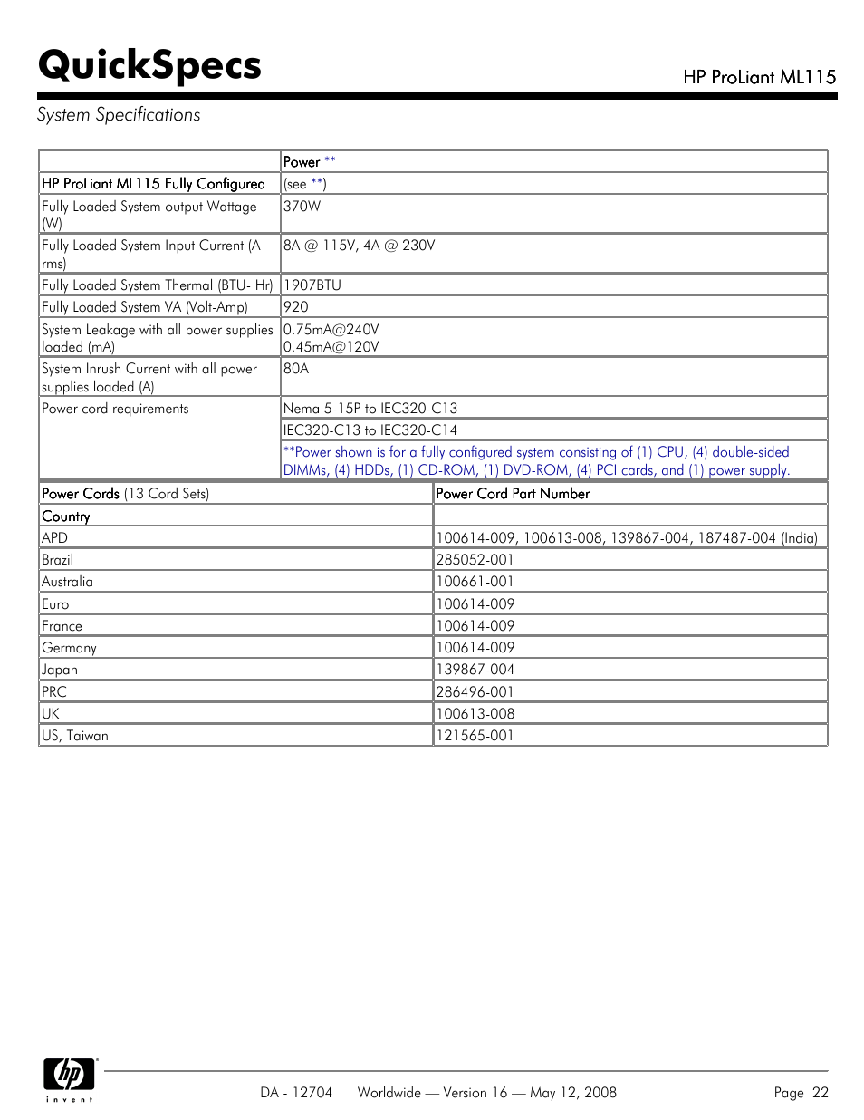System specifications, Quickspecs, Hp proliant ml115 | Hp proliant ml115 system specifications | HP ProLiant ML115HP User Manual | Page 22 / 26