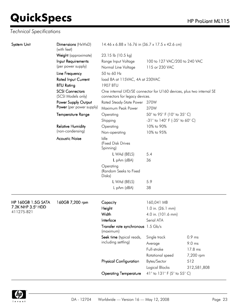 Technical specifications, Quickspecs, Hp proliant ml115 | Hp proliant ml115 technical specifications | HP ProLiant ML115HP User Manual | Page 23 / 26