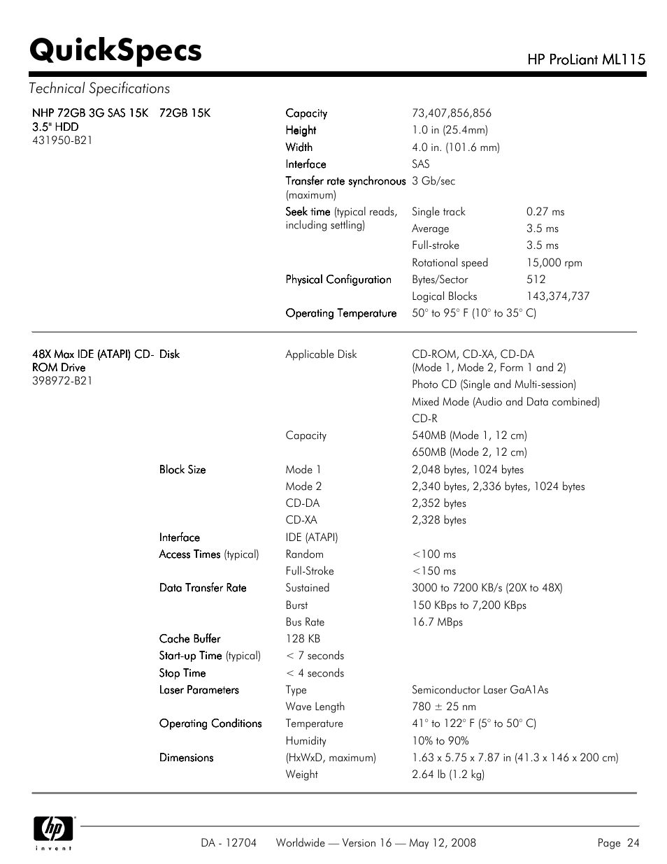 Quickspecs, Hp proliant ml115, Hp proliant ml115 technical specifications | HP ProLiant ML115HP User Manual | Page 24 / 26