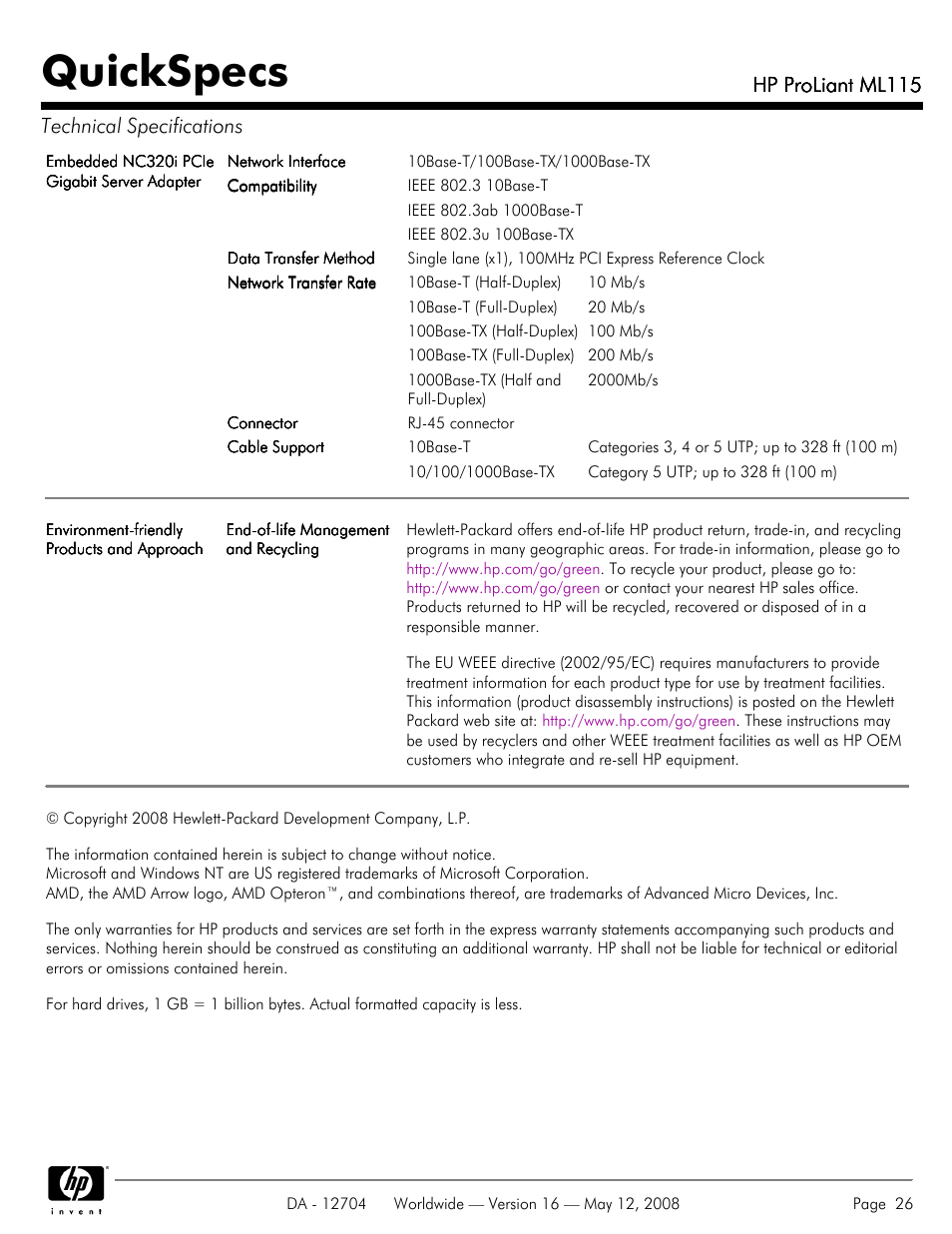 Quickspecs, Hp proliant ml115, Hp proliant ml115 technical specifications | HP ProLiant ML115HP User Manual | Page 26 / 26