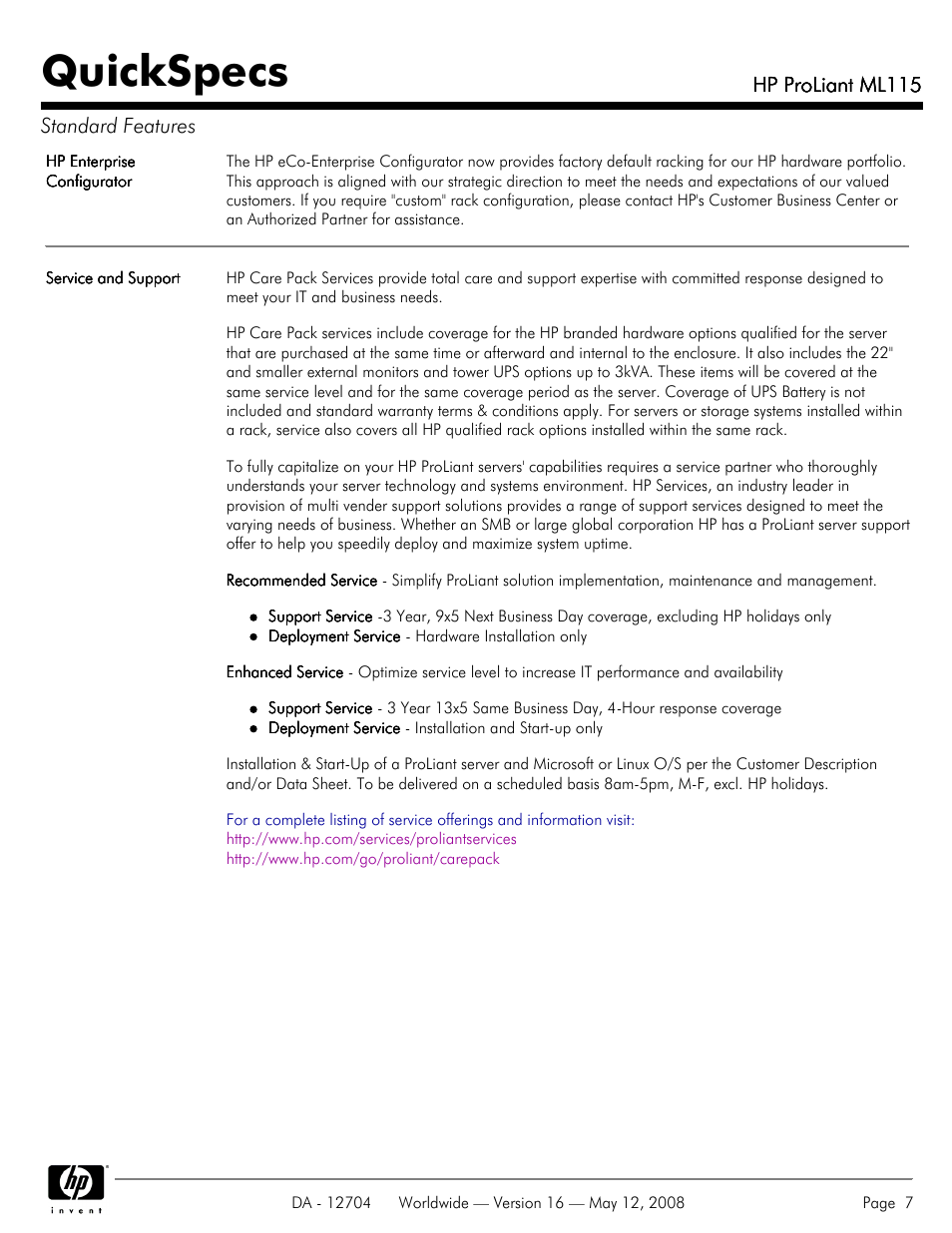 Quickspecs, Hp proliant ml115, Hp proliant ml115 standard features | HP ProLiant ML115HP User Manual | Page 7 / 26