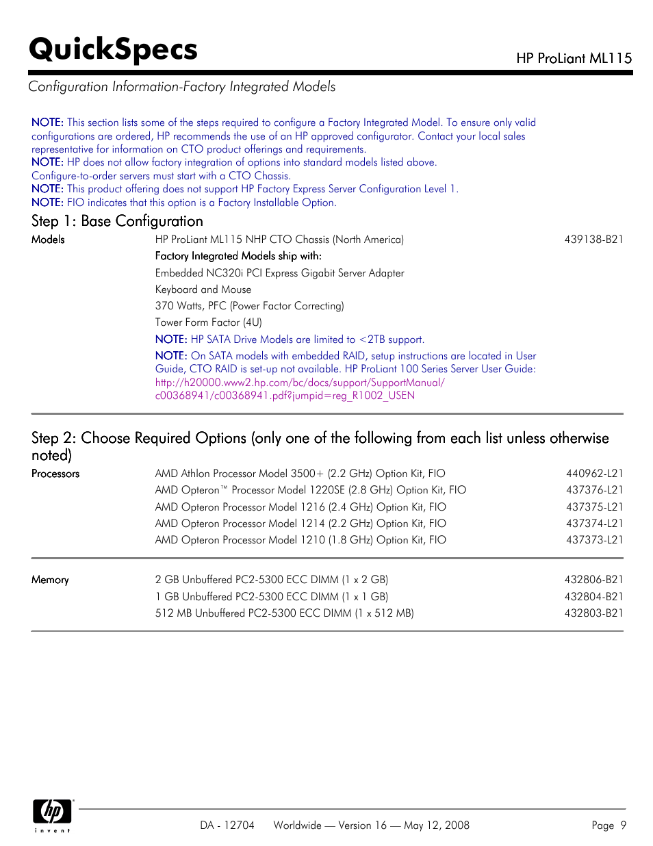 Quickspecs, Step 1: base configuration, Hp proliant ml115 | HP ProLiant ML115HP User Manual | Page 9 / 26