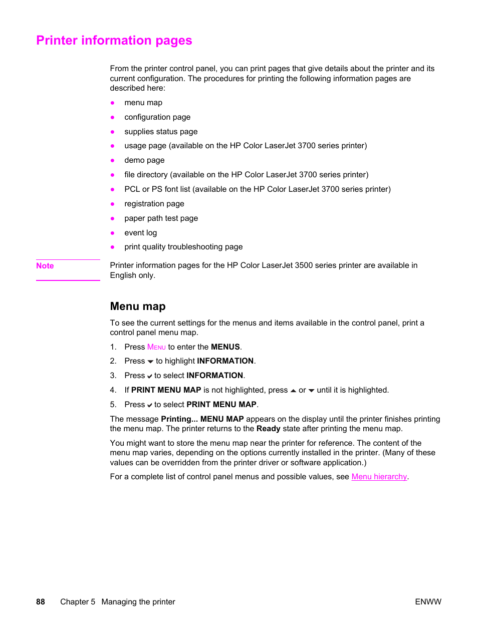 Menu map, Printer information pages | HP 3500 User Manual | Page 100 / 250