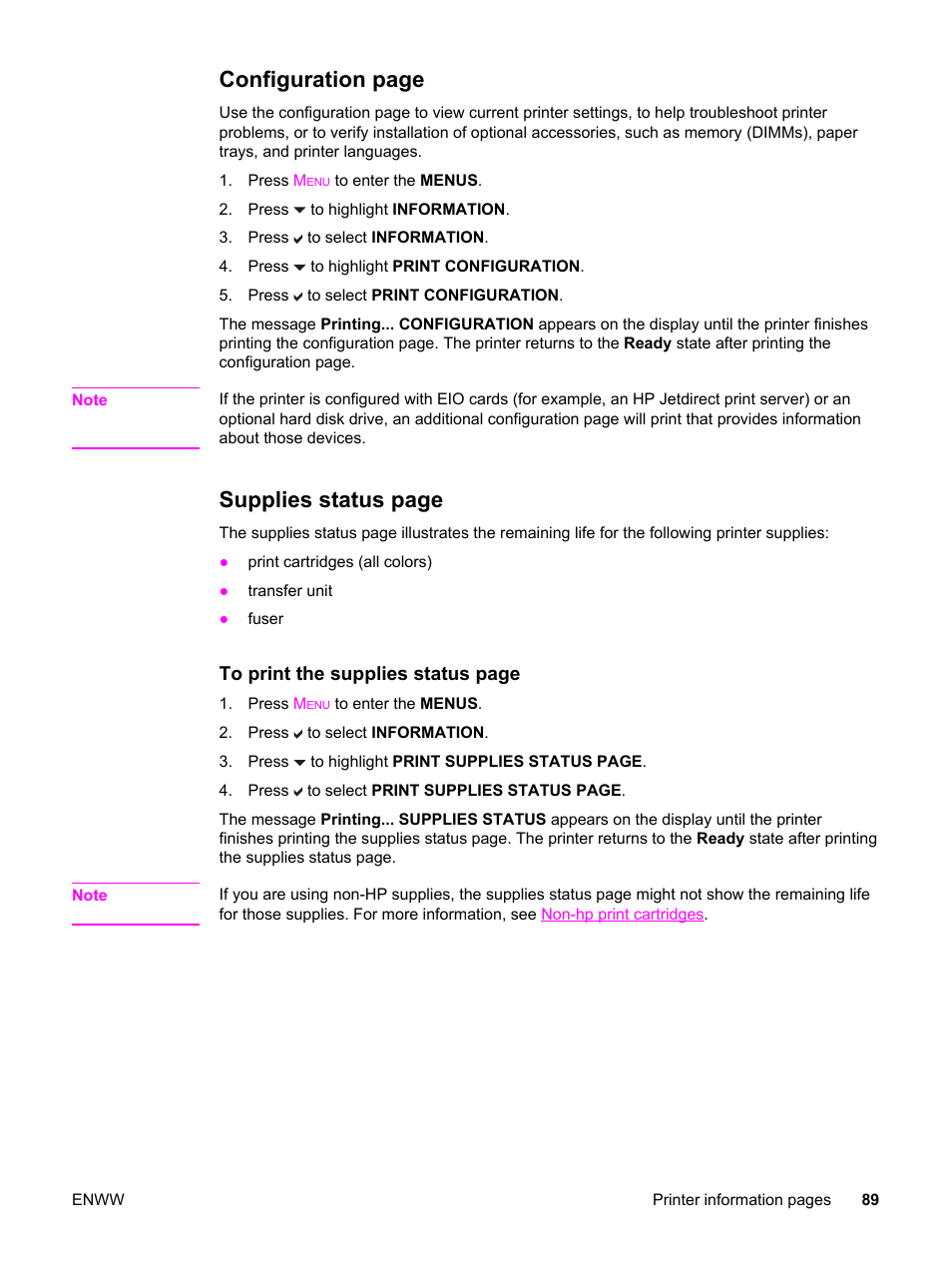 Configuration page, Supplies status page | HP 3500 User Manual | Page 101 / 250