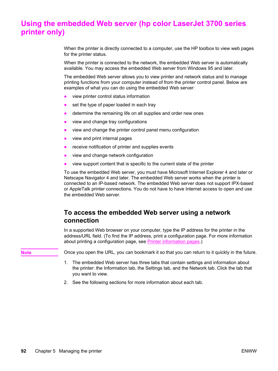 Server, see, Using the embedded web, Accessing the embedded web server. see | Using | HP 3500 User Manual | Page 104 / 250