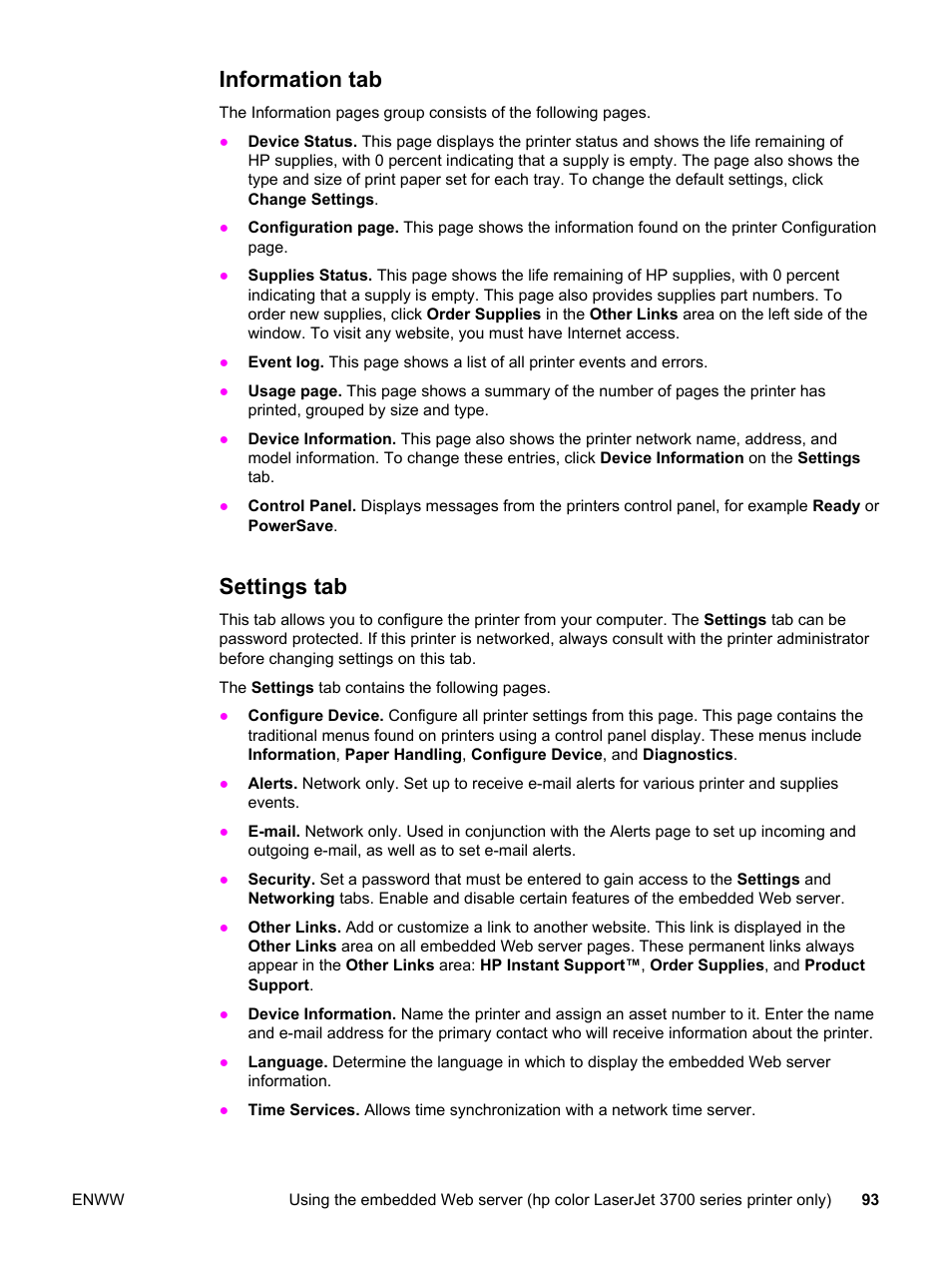 Information tab, Settings tab, Information tab settings tab | HP 3500 User Manual | Page 105 / 250