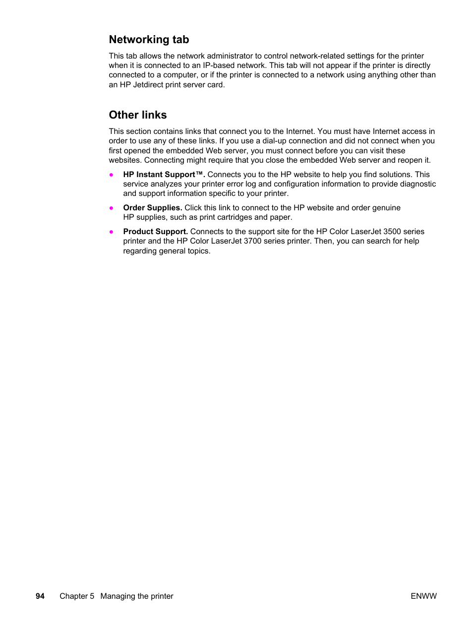 Networking tab, Other links, Networking tab other links | HP 3500 User Manual | Page 106 / 250