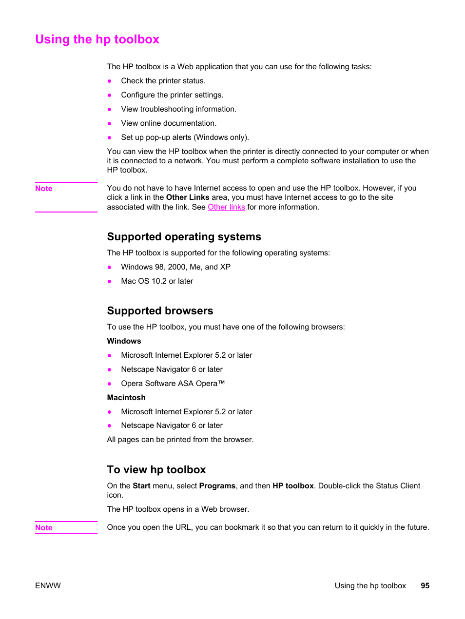 Using the hp toolbox, Supported operating systems, Supported browsers | To view hp toolbox, Using the hp, Toolbox | HP 3500 User Manual | Page 107 / 250