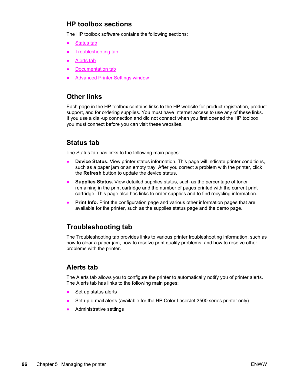 Hp toolbox sections, Other links, Status tab | Troubleshooting tab, Alerts tab | HP 3500 User Manual | Page 108 / 250