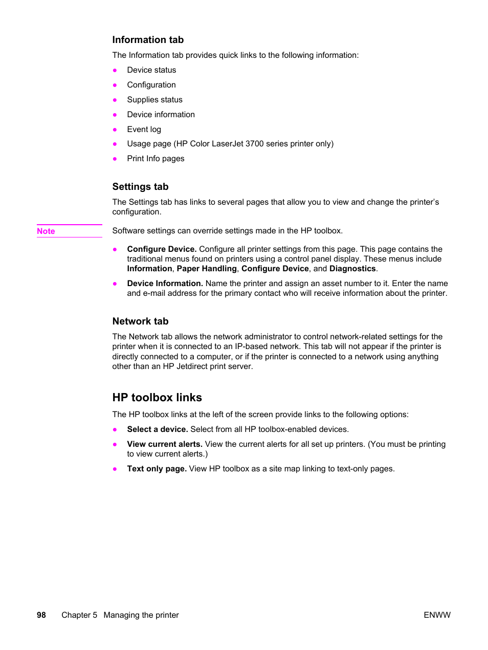 Hp toolbox links | HP 3500 User Manual | Page 110 / 250