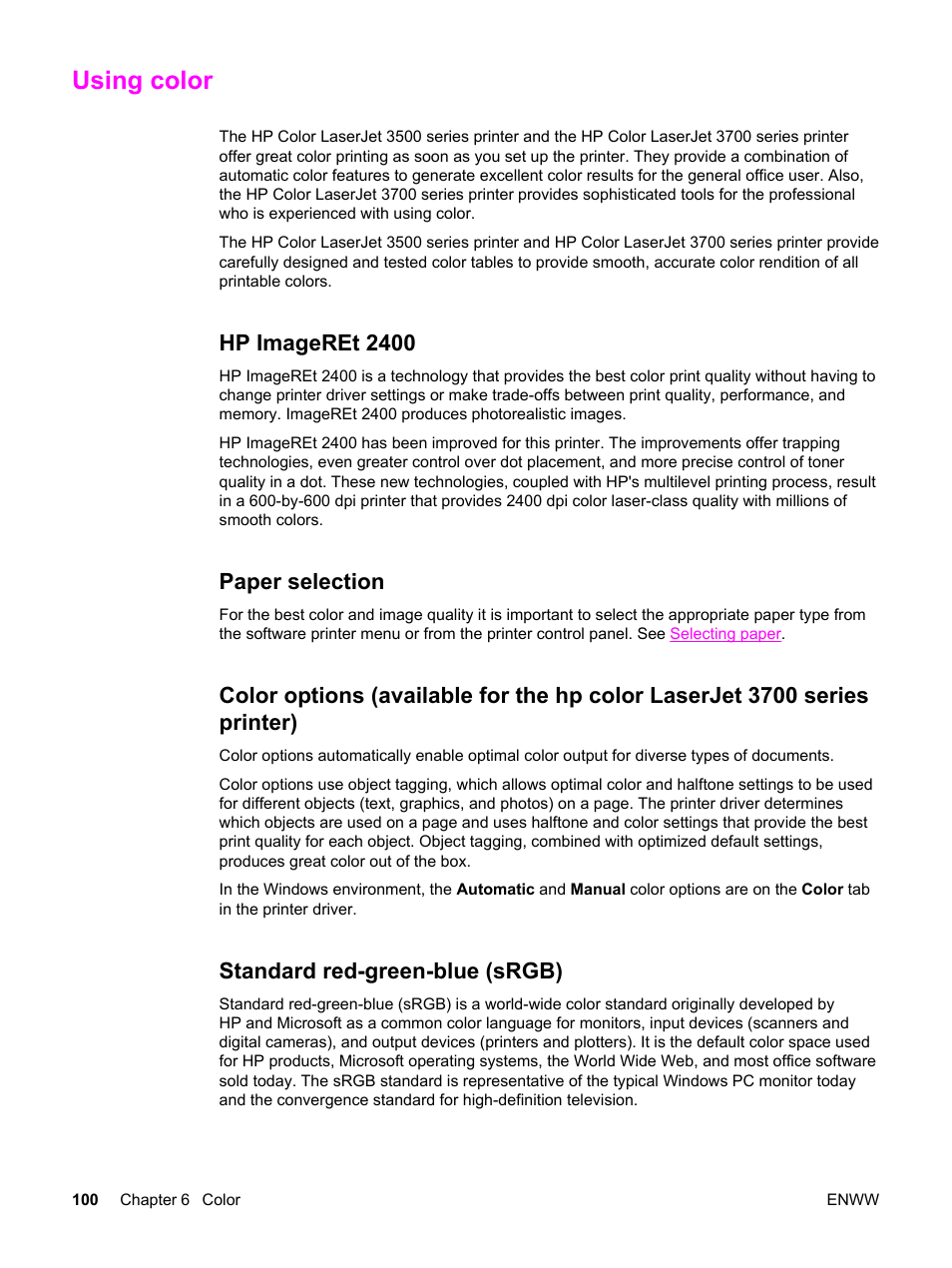 Using color, Hp imageret 2400, Paper selection | Standard red-green-blue (srgb) | HP 3500 User Manual | Page 112 / 250