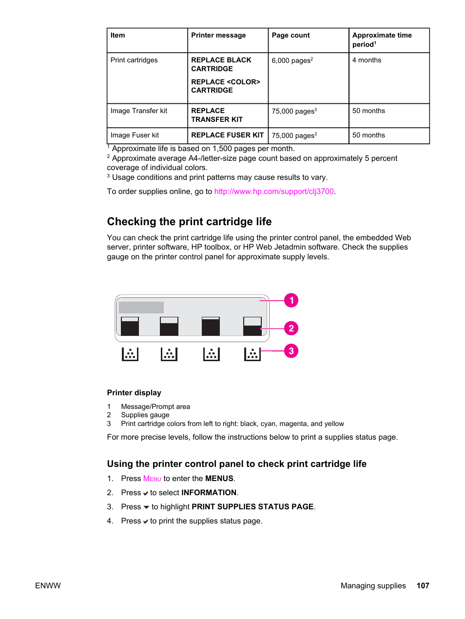 Checking the print cartridge life | HP 3500 User Manual | Page 119 / 250