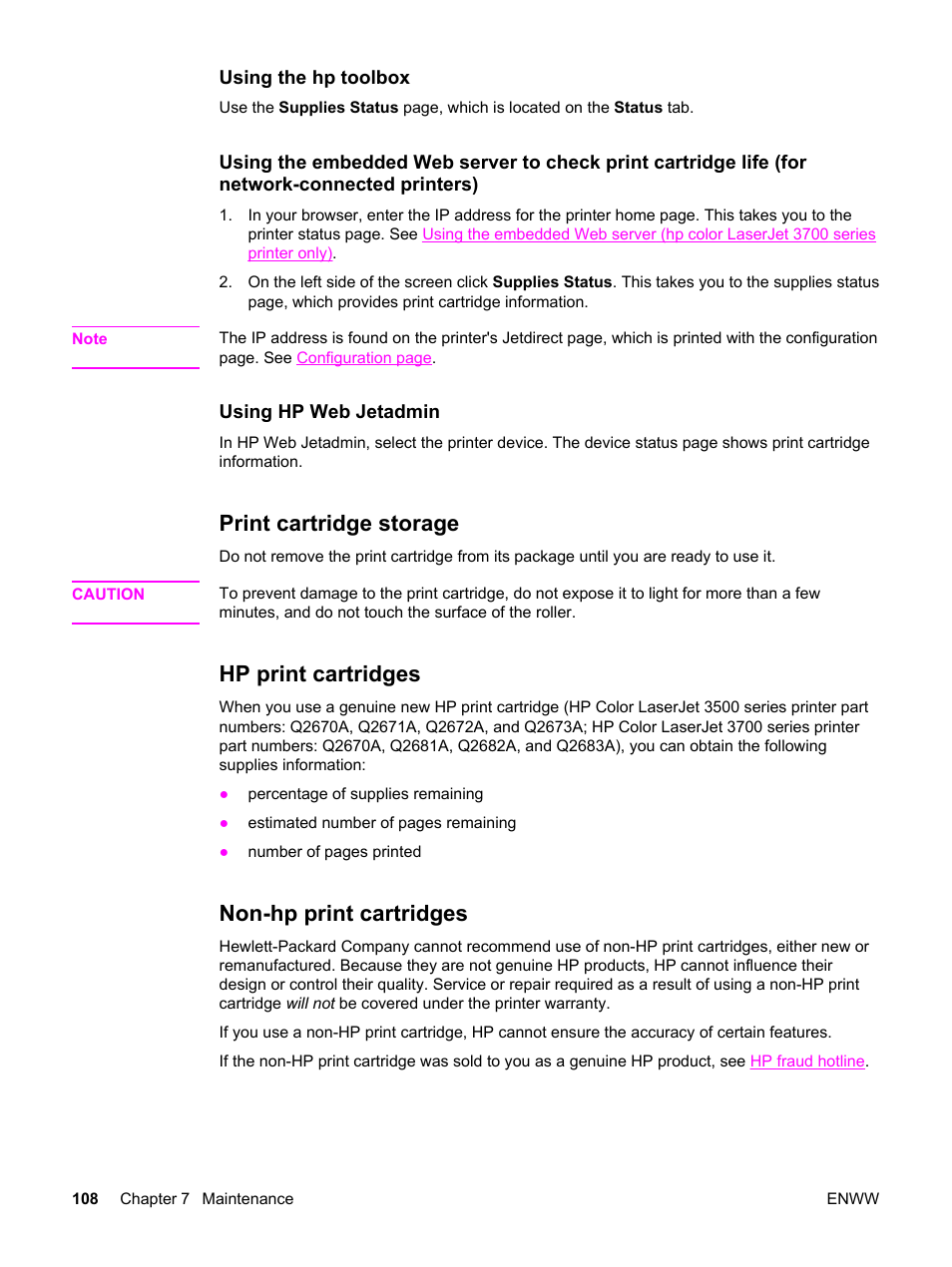 Print cartridge storage, Hp print cartridges, Non-hp print cartridges | HP 3500 User Manual | Page 120 / 250