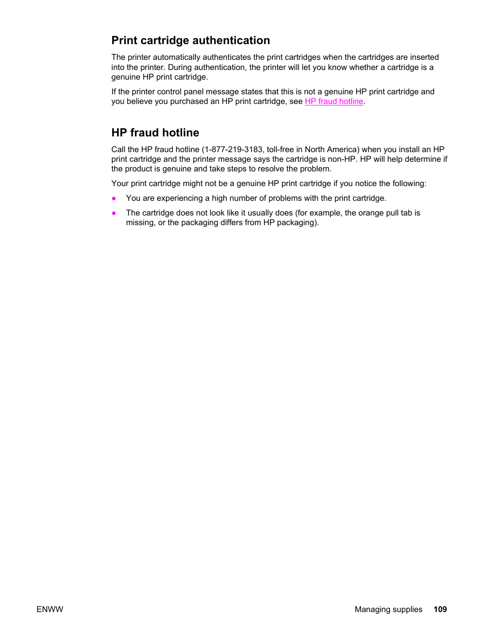 Print cartridge authentication, Hp fraud hotline, Print cartridge authentication hp fraud hotline | HP 3500 User Manual | Page 121 / 250