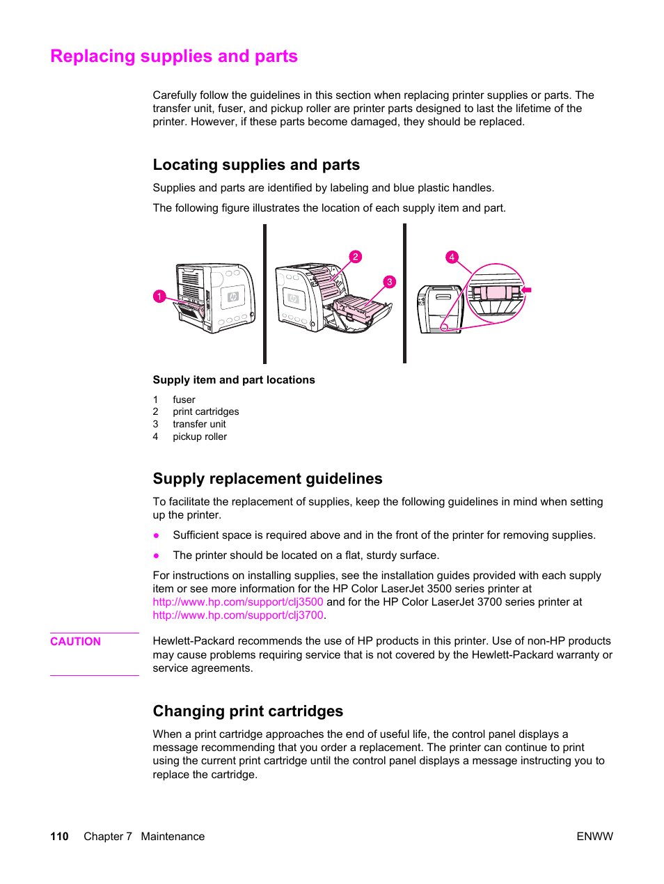 Replacing supplies and parts, Locating supplies and parts, Supply replacement guidelines | Changing print cartridges | HP 3500 User Manual | Page 122 / 250