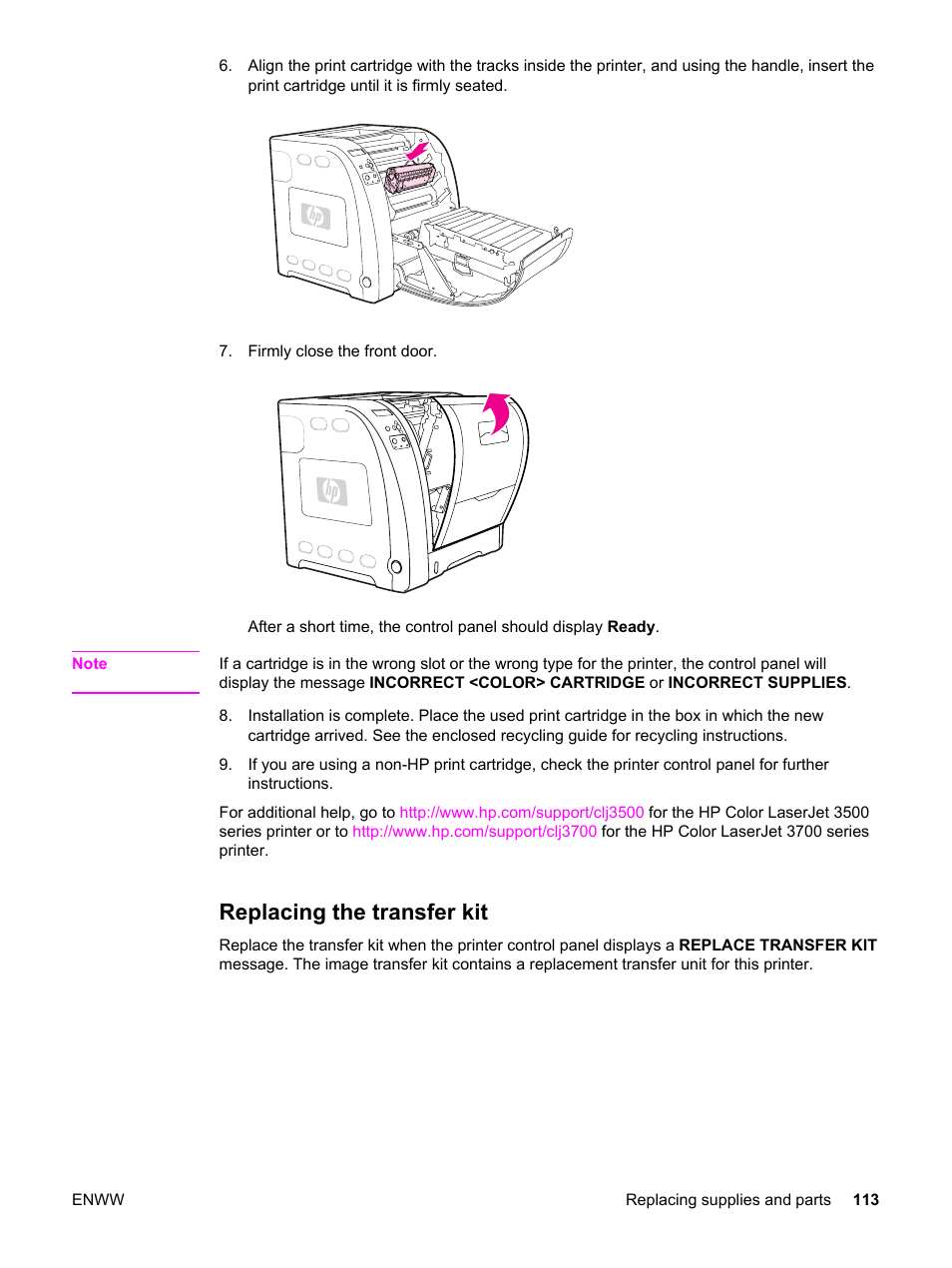 Replacing the transfer kit | HP 3500 User Manual | Page 125 / 250