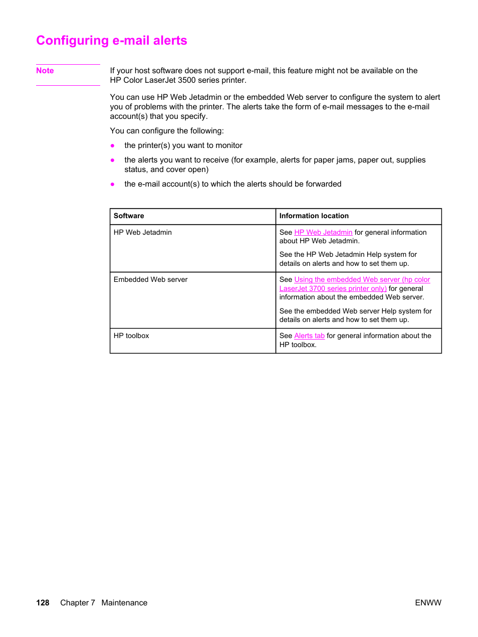 Configuring e-mail alerts | HP 3500 User Manual | Page 140 / 250