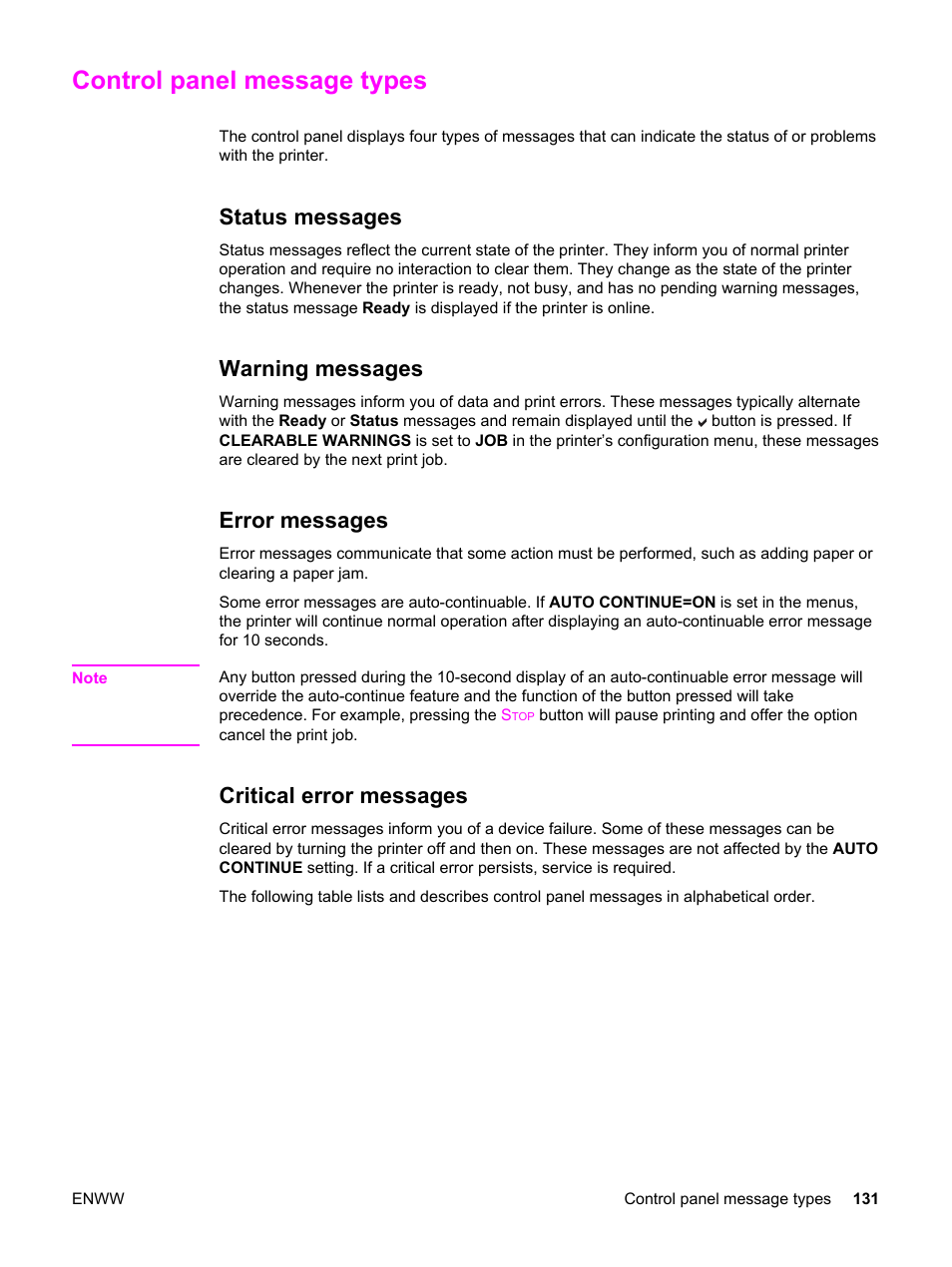 Control panel message types, Status messages, Warning messages | Error messages, Critical error messages | HP 3500 User Manual | Page 143 / 250