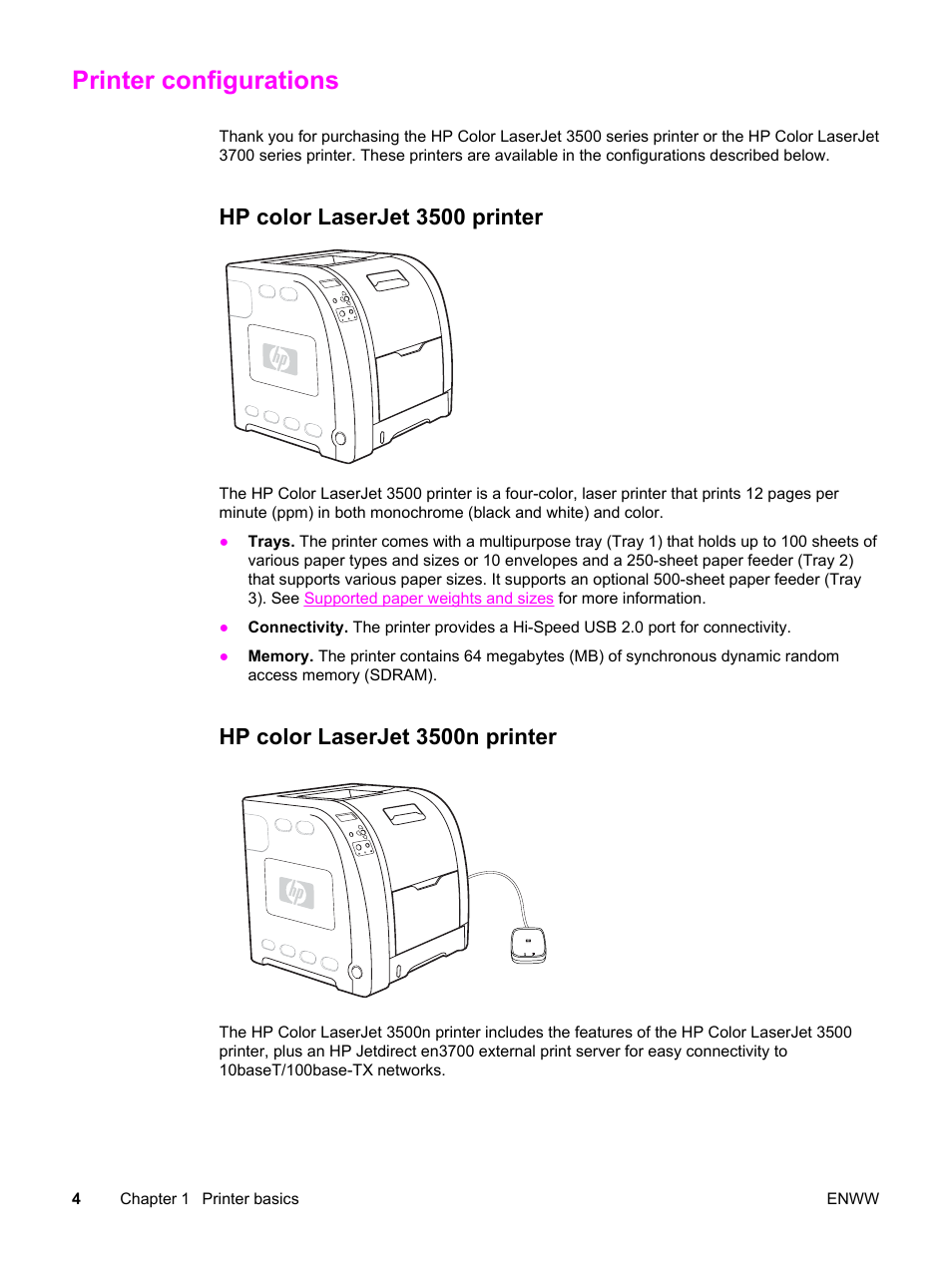 Printer configurations, Hp color laserjet 3500 printer, Hp color laserjet 3500n printer | HP 3500 User Manual | Page 16 / 250
