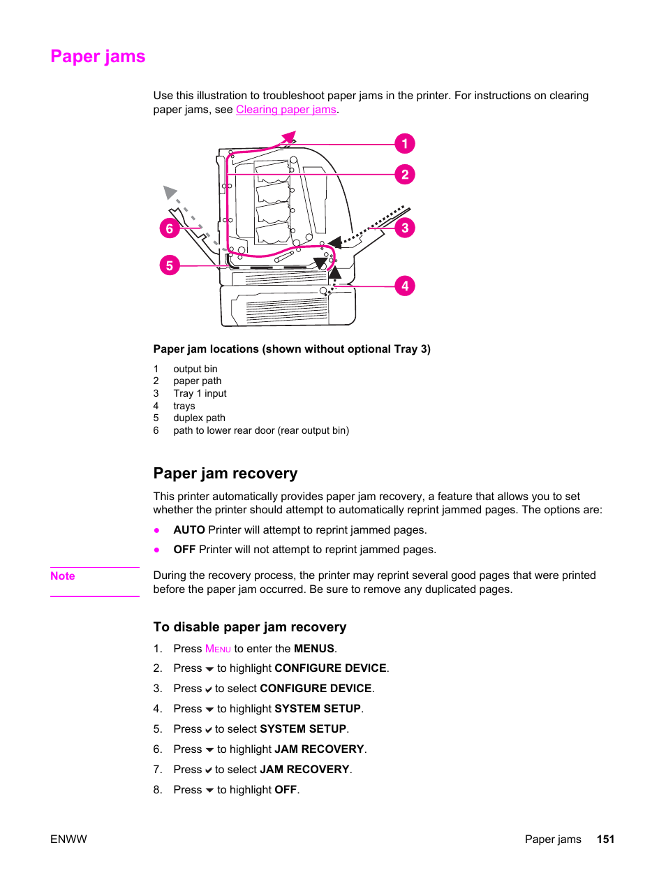 Paper jams, Paper jam recovery | HP 3500 User Manual | Page 163 / 250