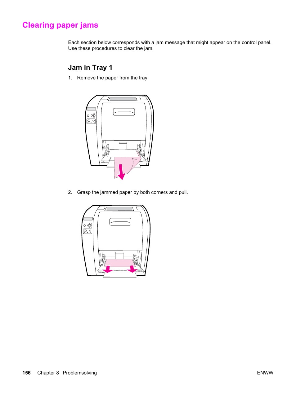 Clearing paper jams, Jam in tray 1 | HP 3500 User Manual | Page 168 / 250