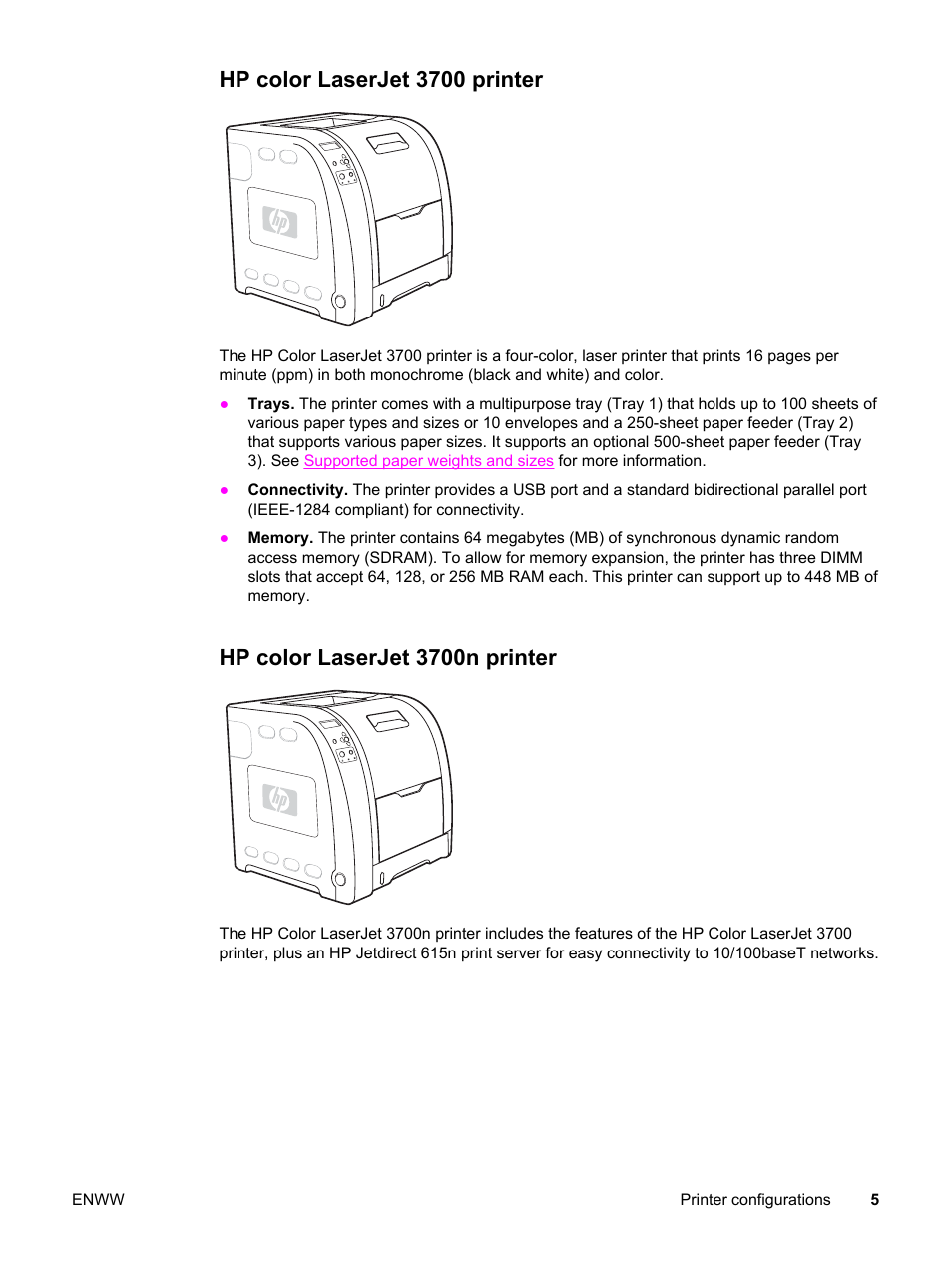 Hp color laserjet 3700 printer, Hp color laserjet 3700n printer | HP 3500 User Manual | Page 17 / 250