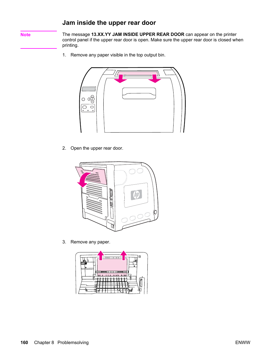 Jam inside the upper rear door | HP 3500 User Manual | Page 172 / 250