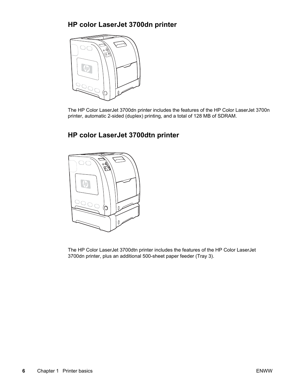 Hp color laserjet 3700dn printer, Hp color laserjet 3700dtn printer | HP 3500 User Manual | Page 18 / 250