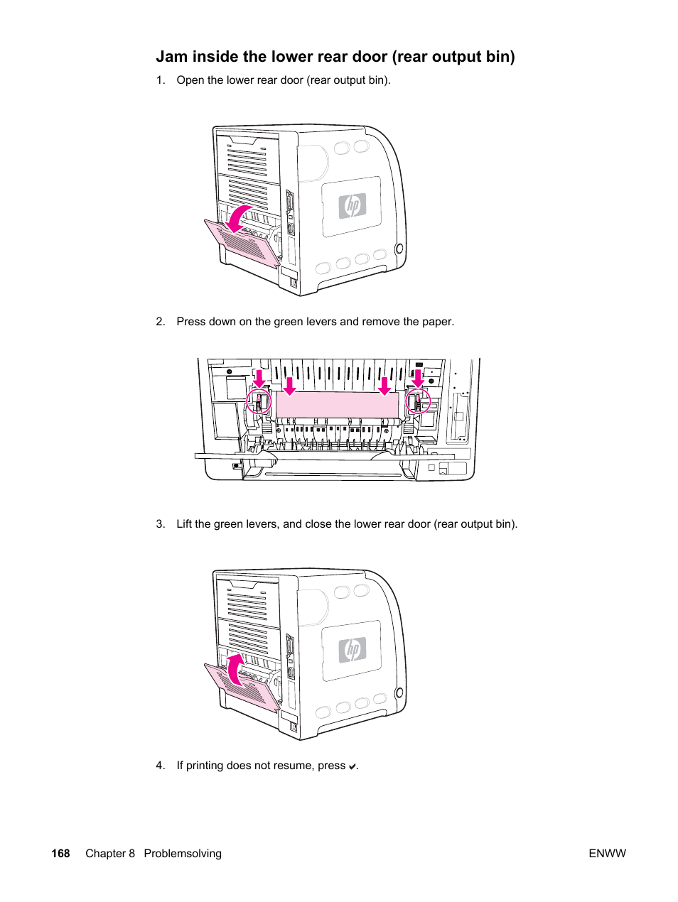 Jam inside the lower rear door (rear output bin) | HP 3500 User Manual | Page 180 / 250