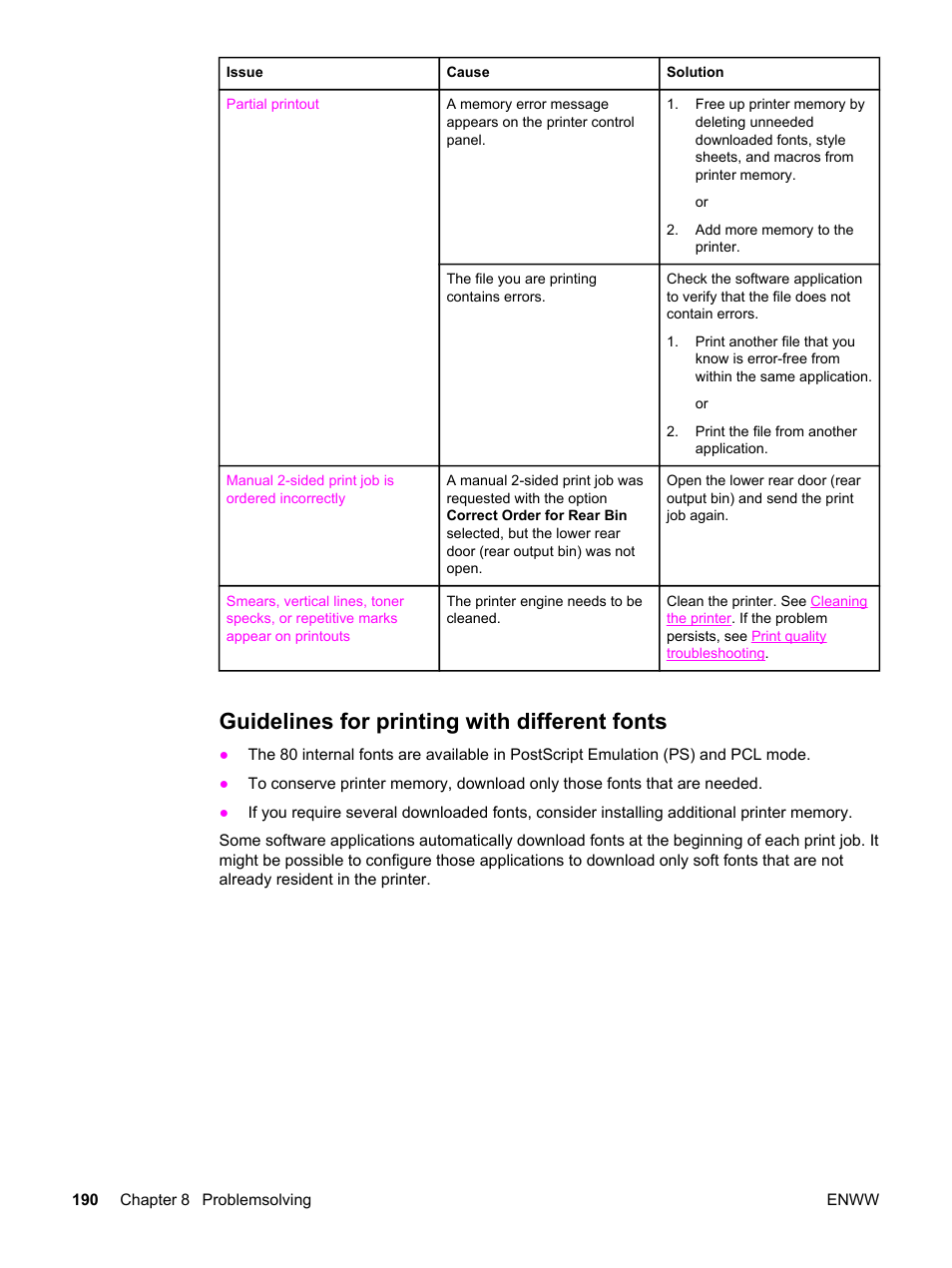 Guidelines for printing with different fonts | HP 3500 User Manual | Page 202 / 250