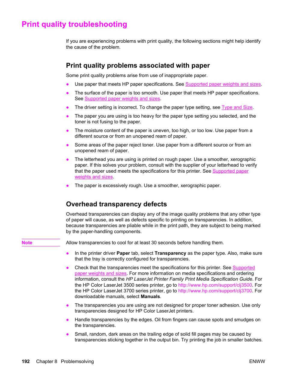 Print quality troubleshooting, Print quality problems associated with paper, Overhead transparency defects | Print, Quality troubleshooting, Print quality, Troubleshooting | HP 3500 User Manual | Page 204 / 250