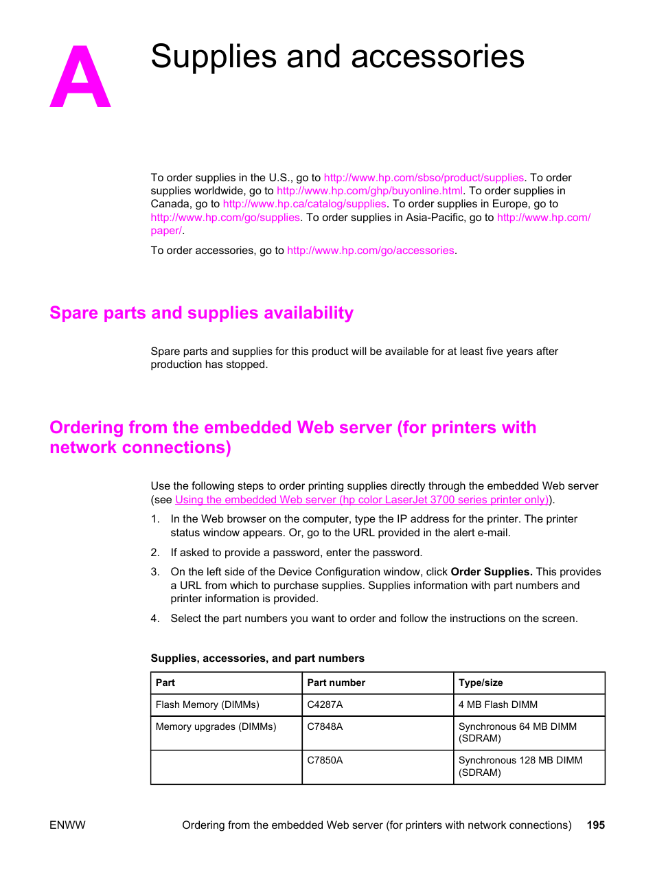 Supplies and accessories, Spare parts and supplies availability, Appendix a supplies and accessories | HP 3500 User Manual | Page 207 / 250