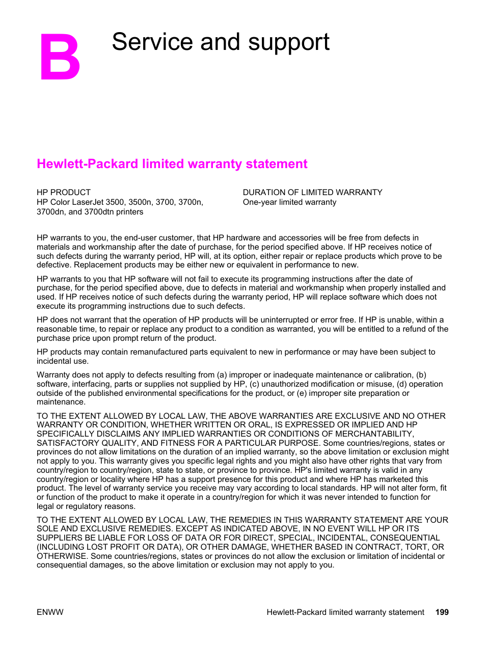 Service and support, Hewlett-packard limited warranty statement, Appendix b service and support | HP 3500 User Manual | Page 211 / 250