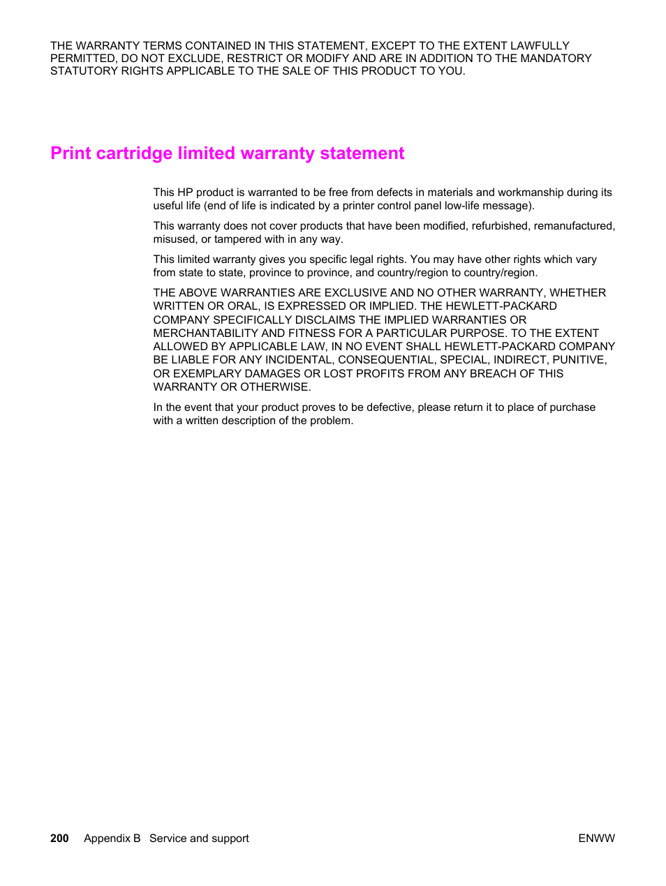 Print cartridge limited warranty statement | HP 3500 User Manual | Page 212 / 250