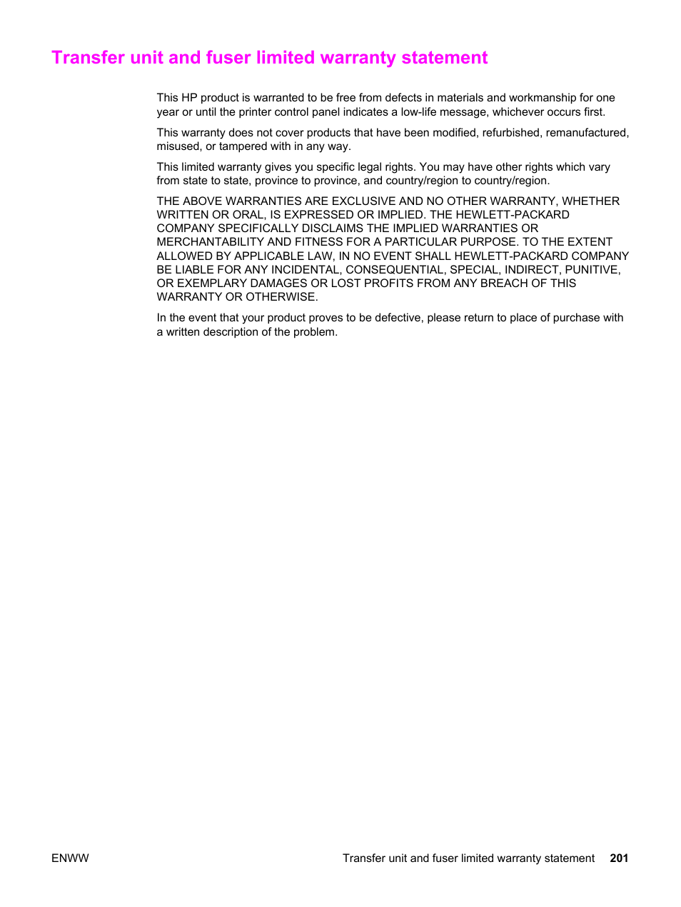 Transfer unit and fuser limited warranty statement | HP 3500 User Manual | Page 213 / 250