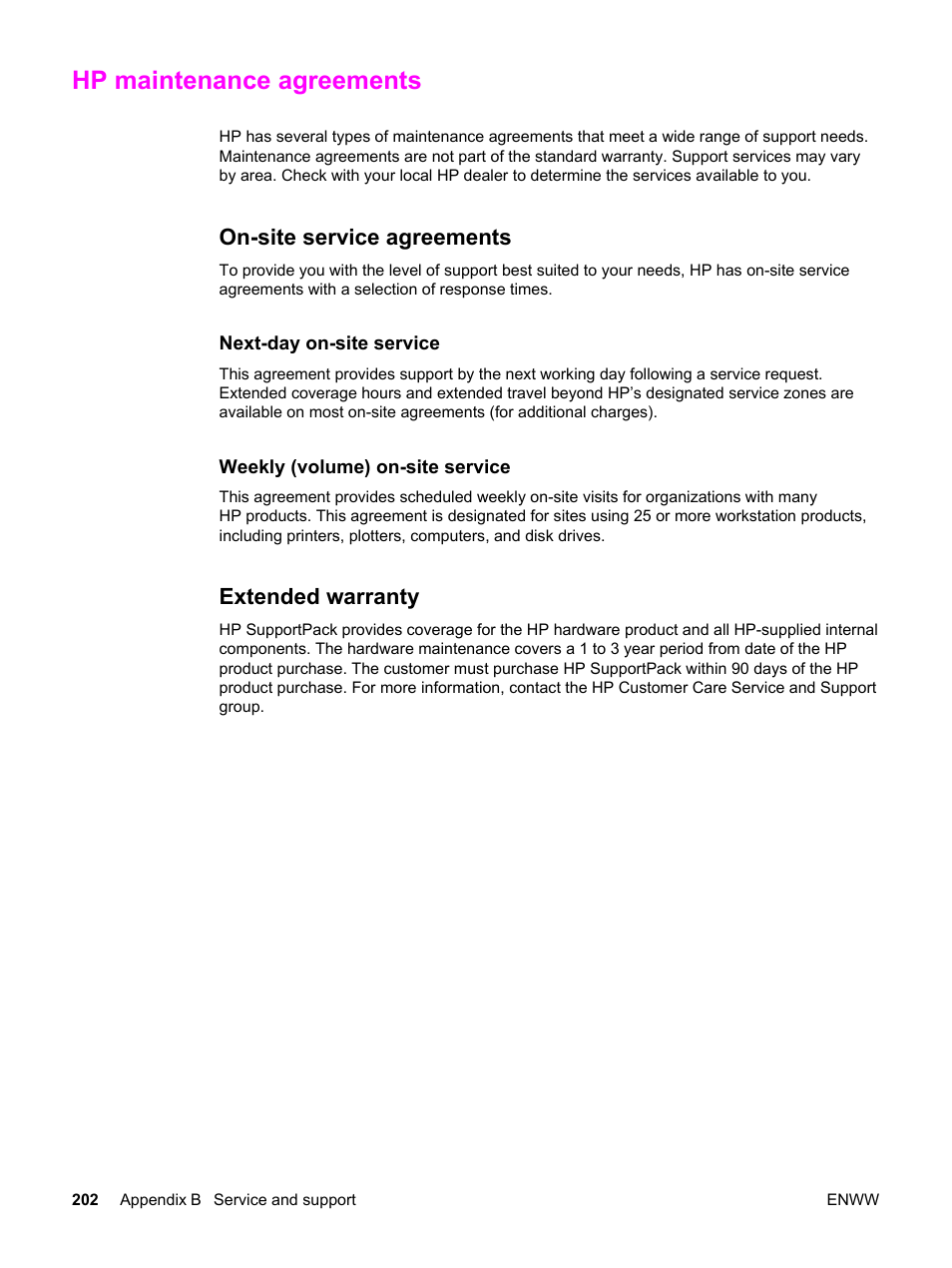 Hp maintenance agreements, On-site service agreements, Extended warranty | On-site service agreements extended warranty | HP 3500 User Manual | Page 214 / 250