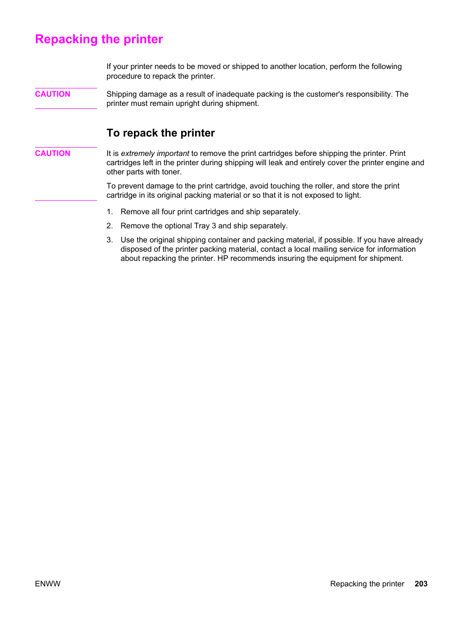 Repacking the printer, To repack the printer | HP 3500 User Manual | Page 215 / 250