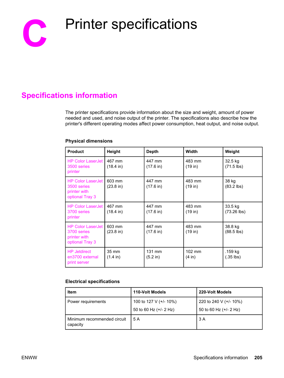 Printer specifications, Specifications information, Appendix c printer specifications | HP 3500 User Manual | Page 217 / 250