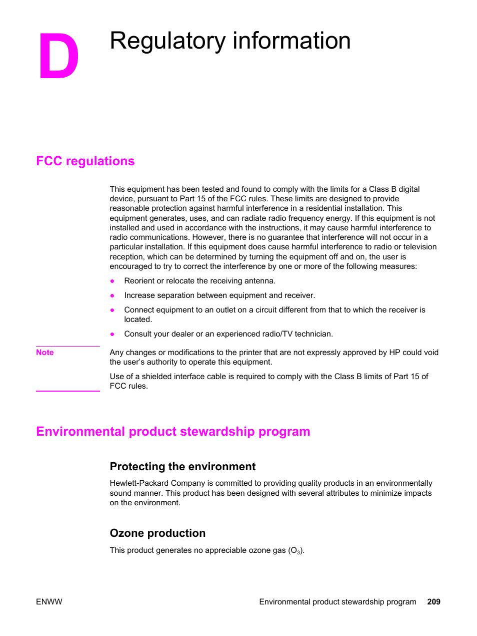 Regulatory information, Fcc regulations, Environmental product stewardship program | Protecting the environment, Ozone production, Appendix d regulatory information, Protecting the environment ozone production | HP 3500 User Manual | Page 221 / 250