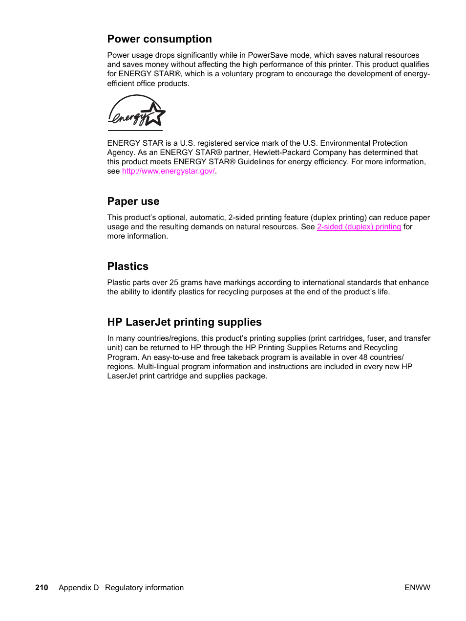 Power consumption, Paper use, Plastics | Hp laserjet printing supplies | HP 3500 User Manual | Page 222 / 250