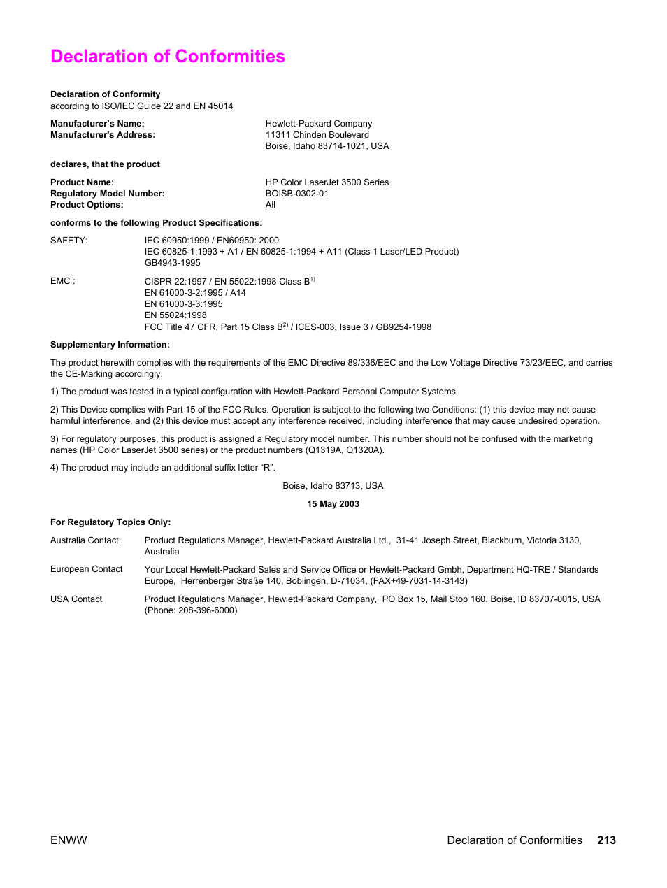 Declaration of conformities, Enww declaration of conformities 213 | HP 3500 User Manual | Page 225 / 250