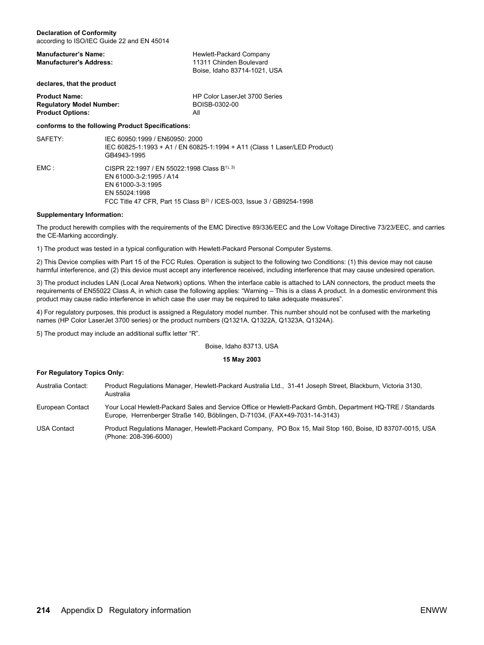 214 appendix d regulatory information enww | HP 3500 User Manual | Page 226 / 250