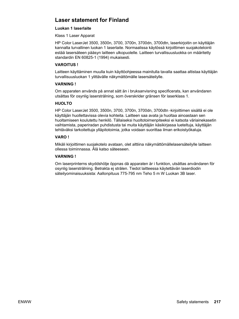 Laser statement for finland | HP 3500 User Manual | Page 229 / 250