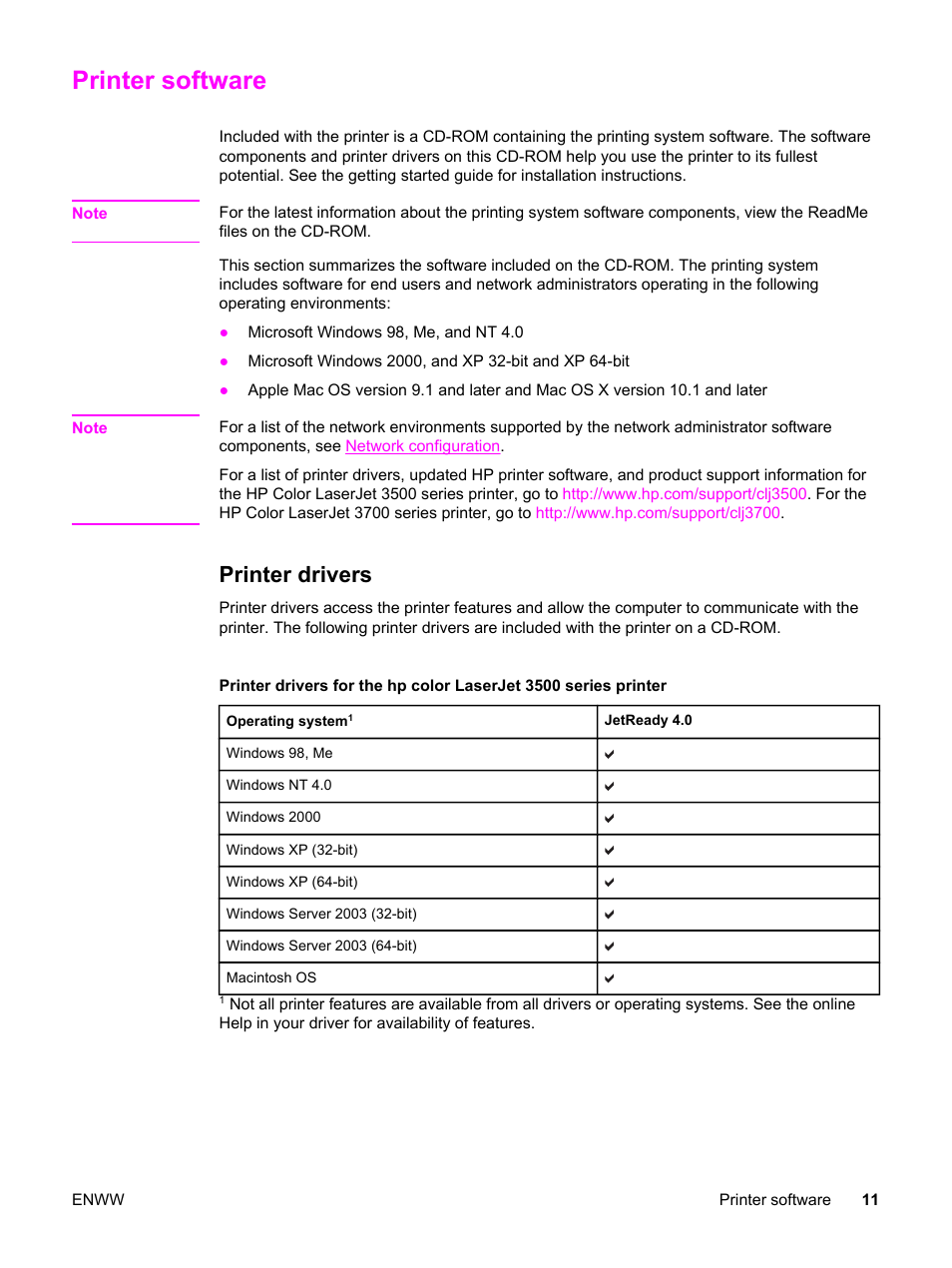 Printer software, Printer drivers | HP 3500 User Manual | Page 23 / 250