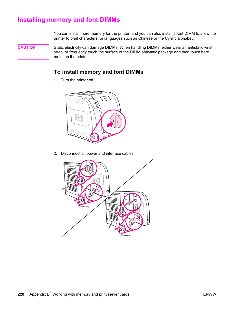 Installing memory and font dimms, To install memory and font dimms | HP 3500 User Manual | Page 232 / 250