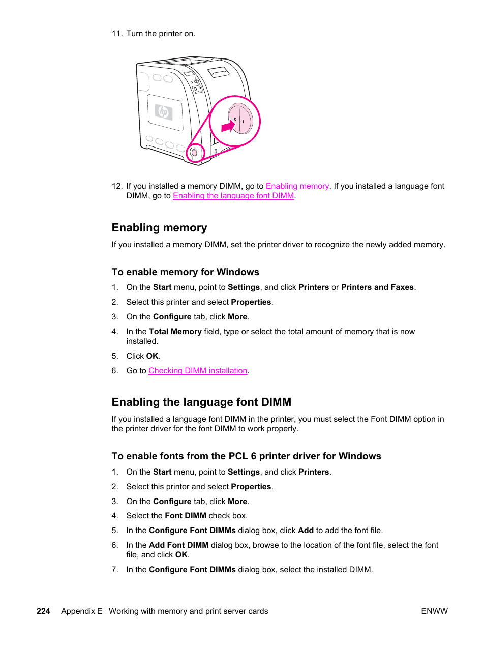 Enabling memory, Enabling the language font dimm, Enabling memory enabling the language font dimm | HP 3500 User Manual | Page 236 / 250