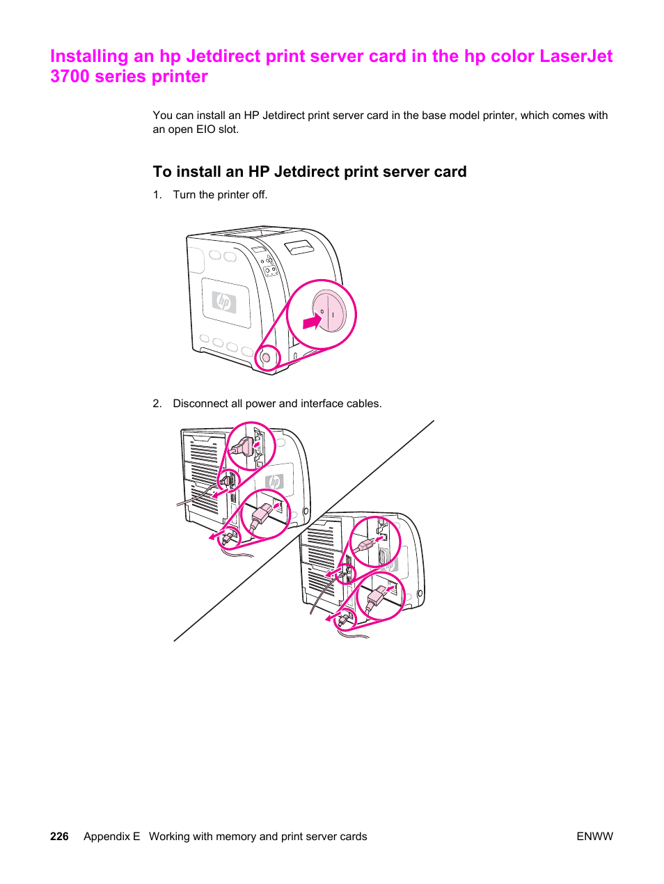 To install an hp jetdirect print server card | HP 3500 User Manual | Page 238 / 250