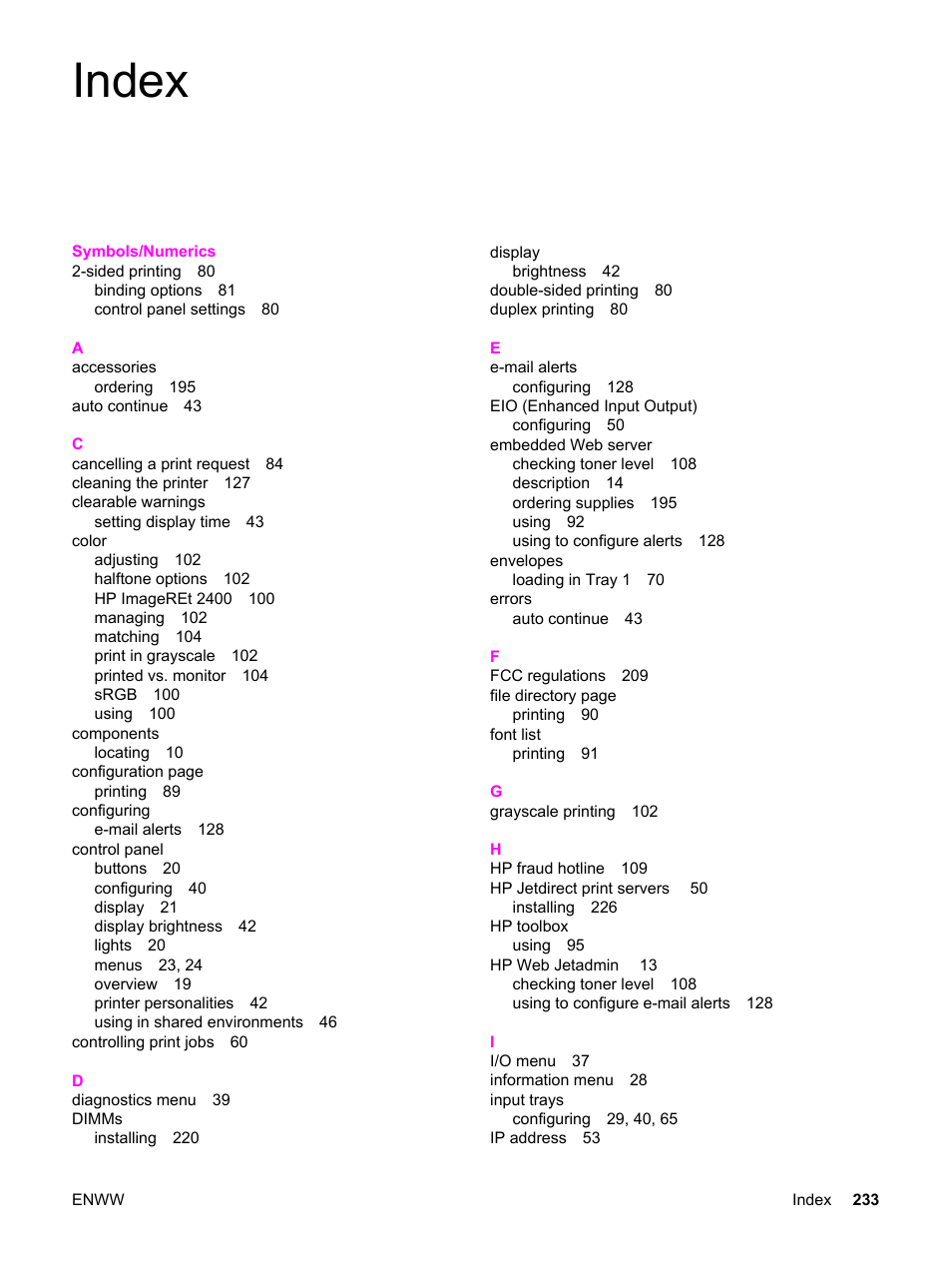 Index | HP 3500 User Manual | Page 245 / 250